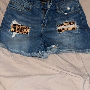 Judy Blue Jean Shorts with Distressed Details and Leopard Print